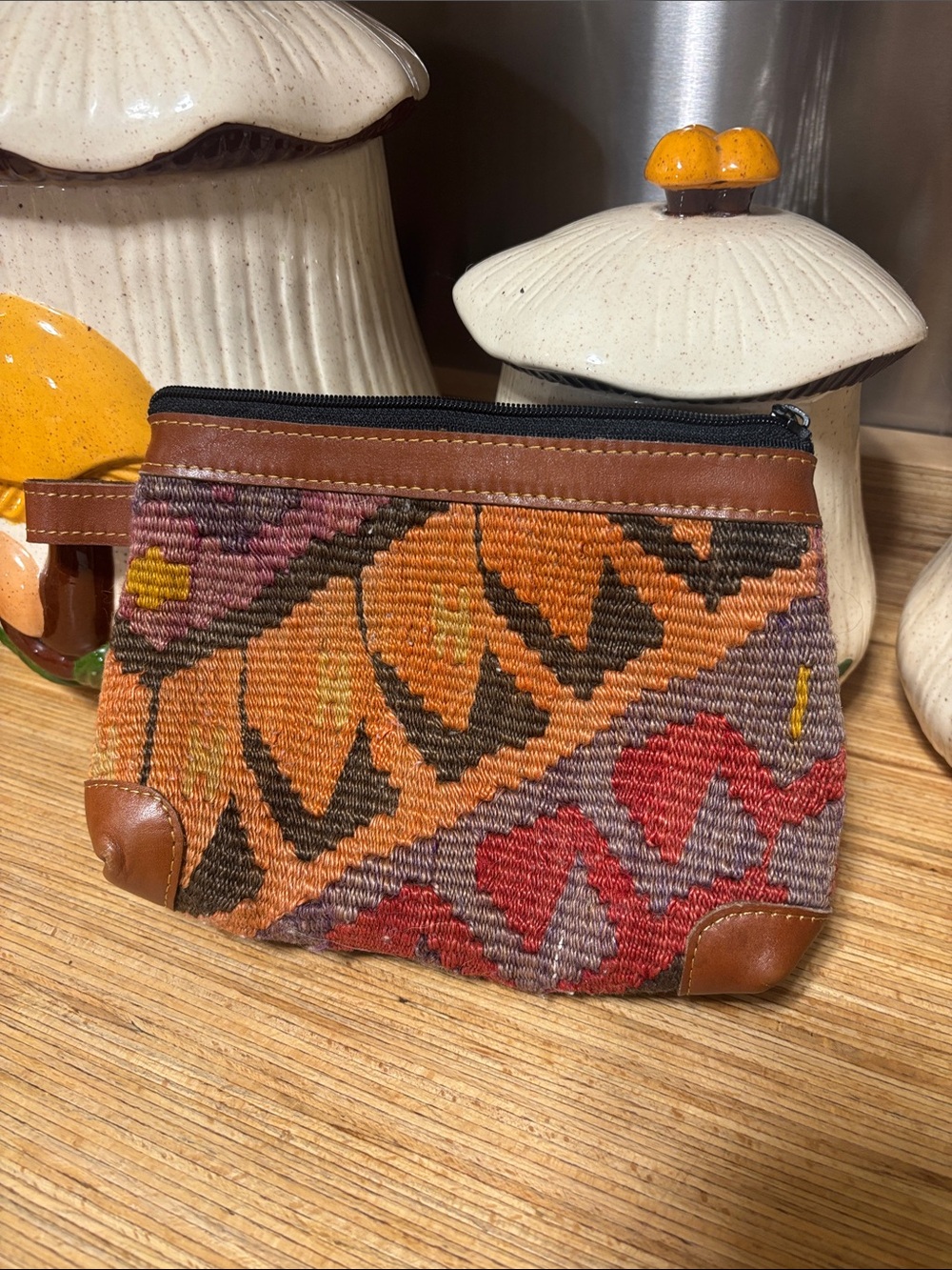 Handwoven Multicolor Kilim Cosmetic Pouch with Leather Trim
